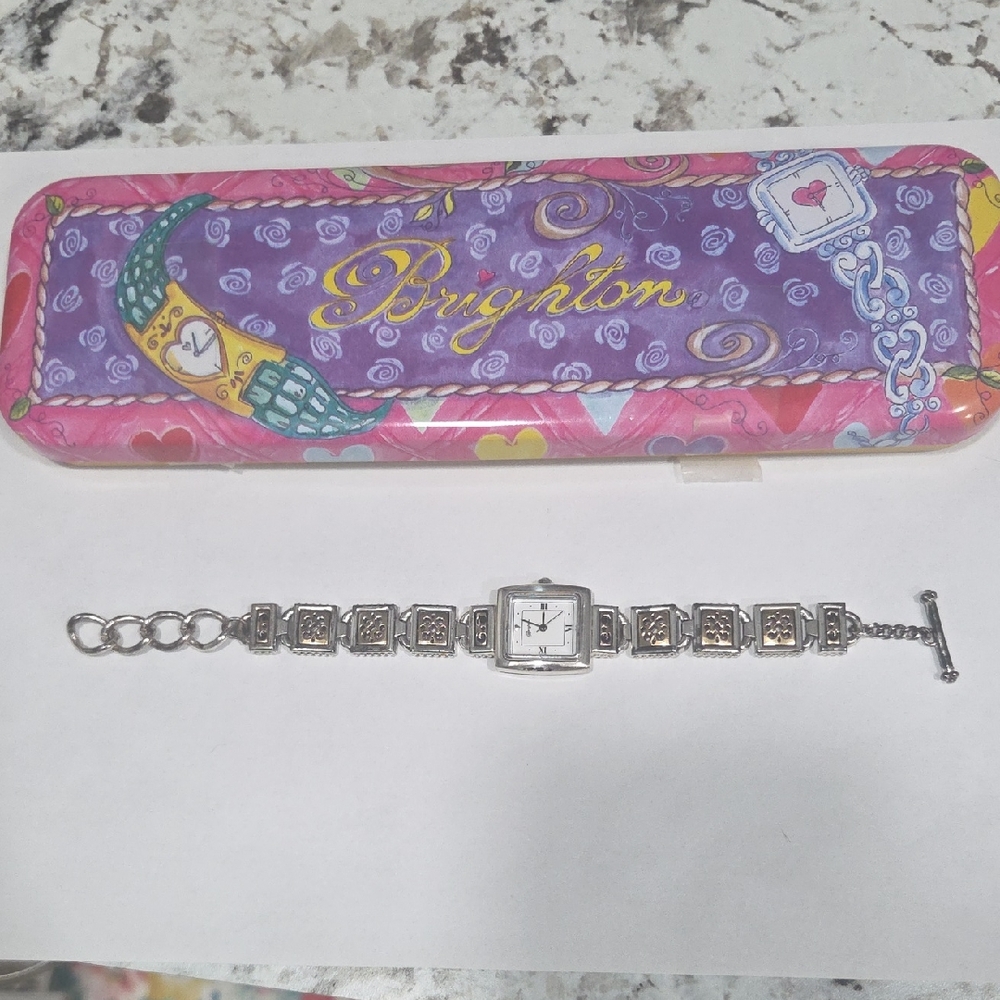 Brighton Silver-Tone Square Face Link Bracelet Watch with Decorative Tin